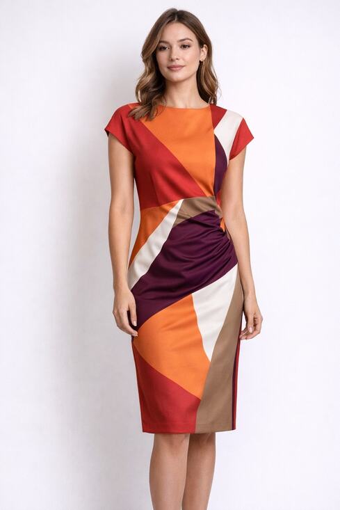 Dana karan Dresses & Skirts - Donna Karan size 12 color block pencil dress orange multicolored Pre-Loved